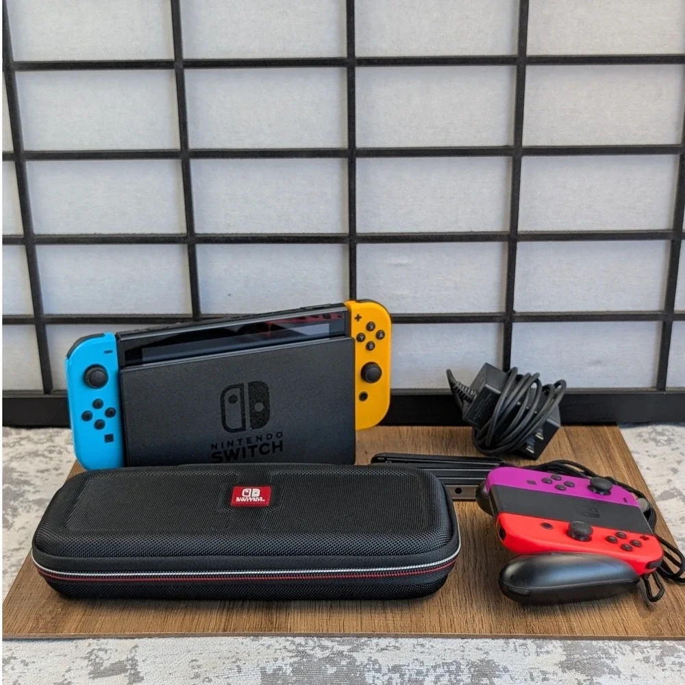 Nintendo Switch HAC-001 Bundle 4 Joy-Cons 128GB SD Card Dock Case Neon Colors